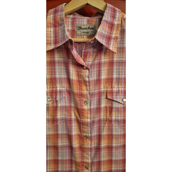 Wrangler Wrancher Large Western Shirt Pearl Snaps Pink Red Rodeo 4H Horse EUC - Picture 5 of 5